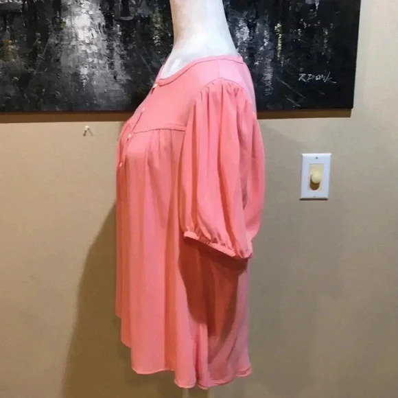 Loft Puffed Short  Sleeved Button Front Mixed Fabric Peach Color Top-Size M - Picture 4 of 8